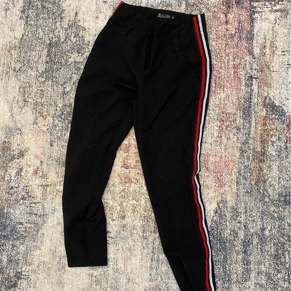 New York & Company Black Pants with Red and White Stripes